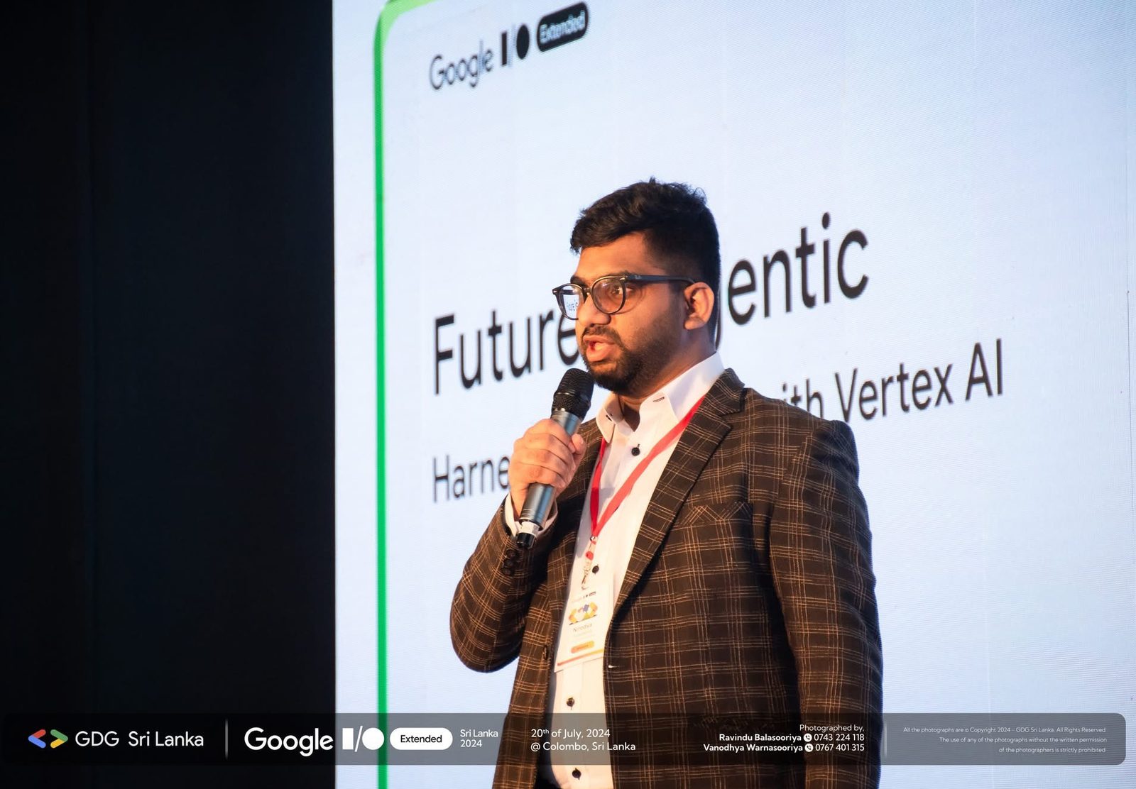 Nirodya Pussadeniya delivering the Future is Agentic keynote at Google I/O Extended, GDG Sri Lanka